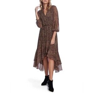 1.State Leopard Print High-Low Ruffled Midi Dress Flounce Fairy Boho Sz Small
